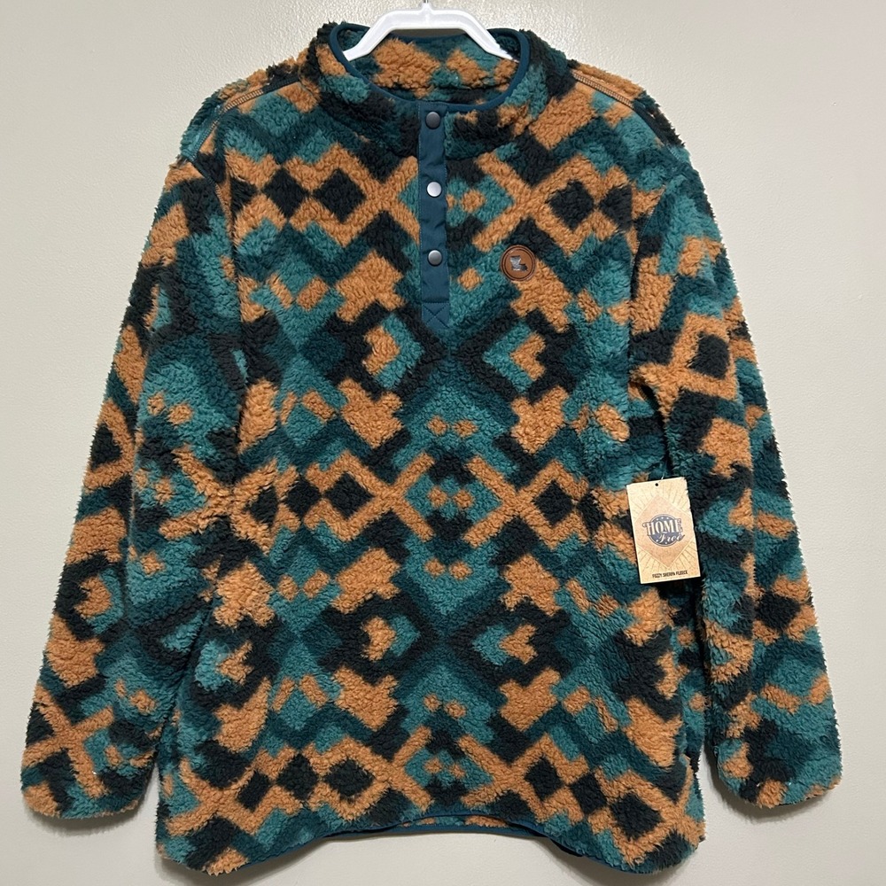 Louisiana Home Free Men Sweater 2XL Sherpa Fleece Pullover Teal Pixel Azetc Boho